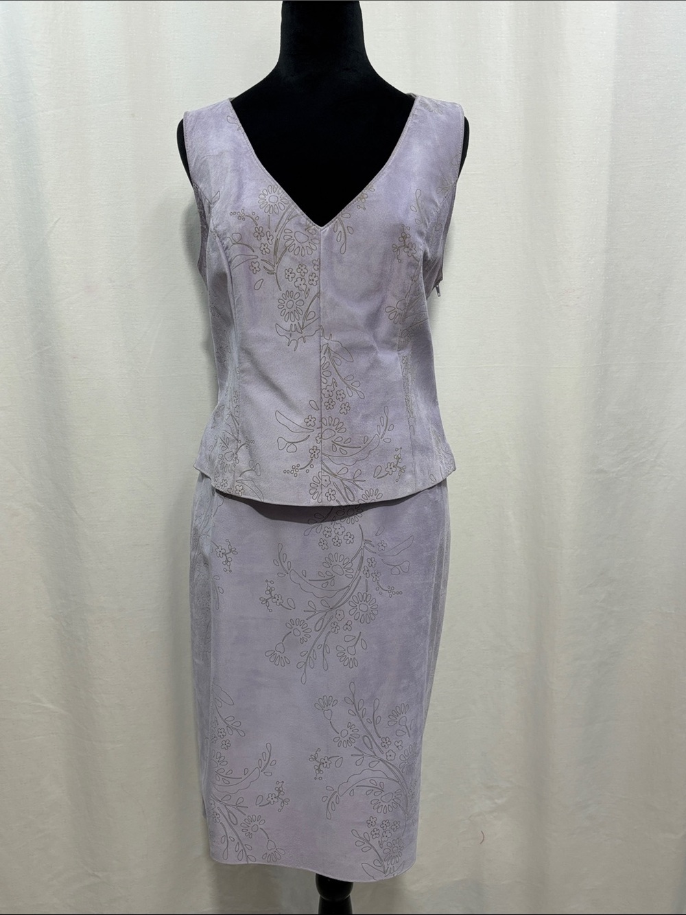 Danier Lavender Purple Floral Pencil Suede Skirt & Top Set party wedding Office
